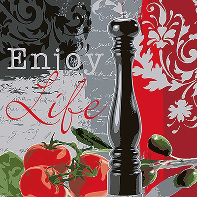 20 Tovaglioli cm 33x33, 3-veli, piega 1/4, decoro ''Just Enjoy!''