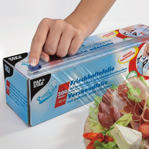 scatola Pellicola in PVC trasparente per alimenti  300 m x 45 cm con pratico sistema di taglio