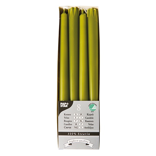 8 Candele coniche 100% stearina, Ø 2,2 cm · 25 cm verde oliva