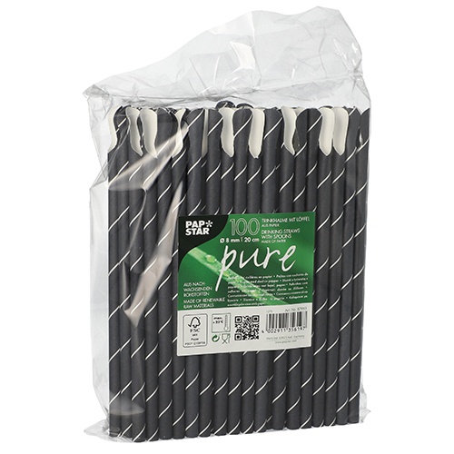 100 Cannucce con cucchiaini, carta "pure " Ø 8 mm · 20 cm nero/bianco "Stripes"