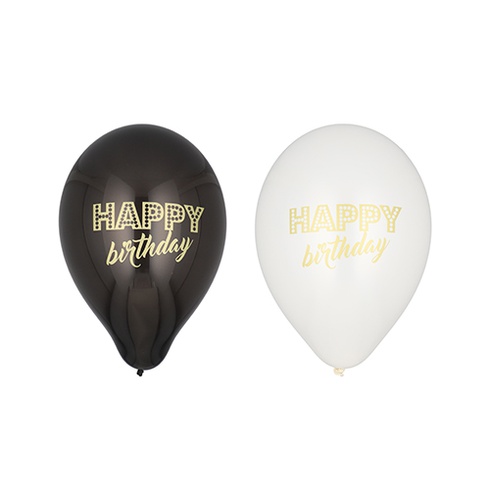 6 Palloncini Ø 25 cm nero/bianco "Happy Birthday"