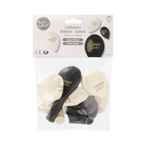 6 Palloncini Ø 25 cm nero/bianco "Happy Birthday"
