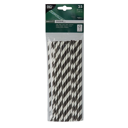 25 Cannucce di carta Ø 6 mm · 20 cm nero /bianco "Stripes"